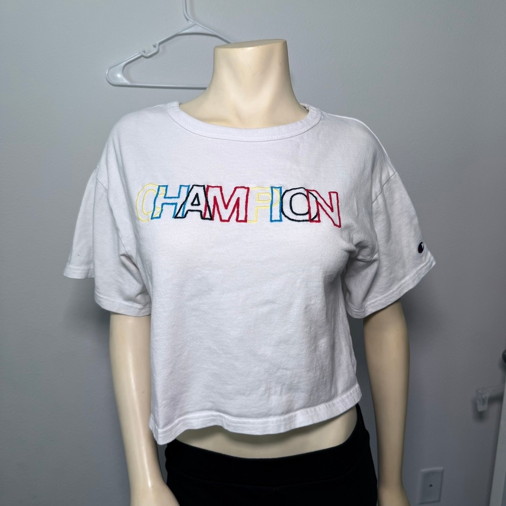 Champion‎ Cropped T-Shirt Women Medium White Excellent Reverse Weave Logo WL956